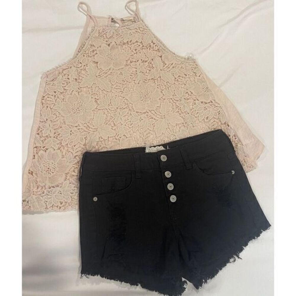 ALTAR'D‎ STATE  Crochet Lace Top Black Denim Short (25) Set Size S